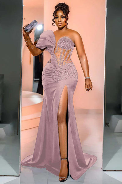 One Shoulder Long Sleeve Long Mermaid Prom Dress With Beading