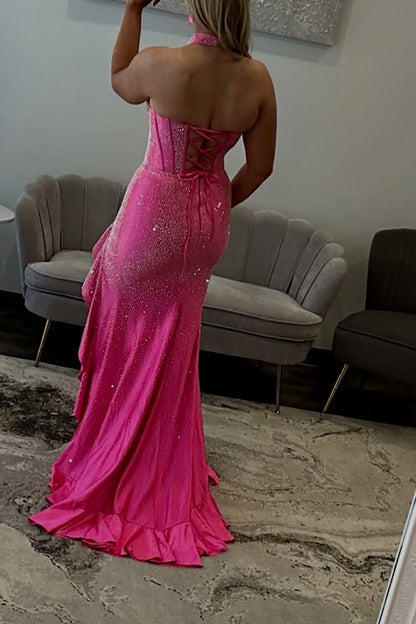 Mermaid Halter Fuchsia Beaded Long Prom Dress