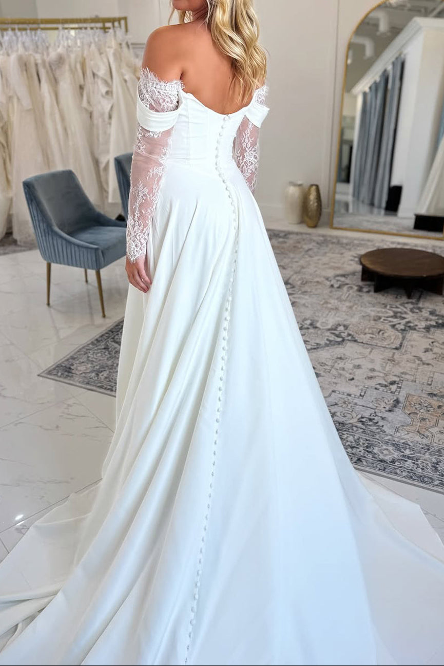 Bohemian A Line Off the Shoulder Satin Lace Wedding Dress