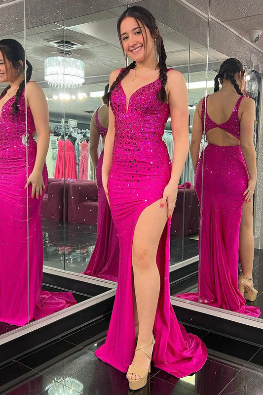 Mermaid V Neck Fuchsia Beaded Long Prom Dress with Slit