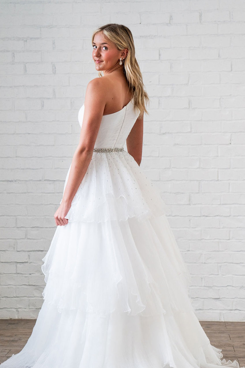 White Ruffle Tiered Tulle Wedding Dress