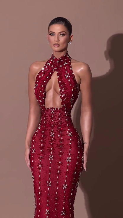 Glamorous Burgundy Halter Prom Dress
