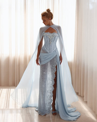 Refined Blue Strapless Prom Dress Pleated Lace with Rhinestone Split