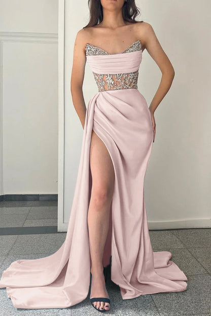 Modern Strapless Mermaid Prom Dress Split With Beading