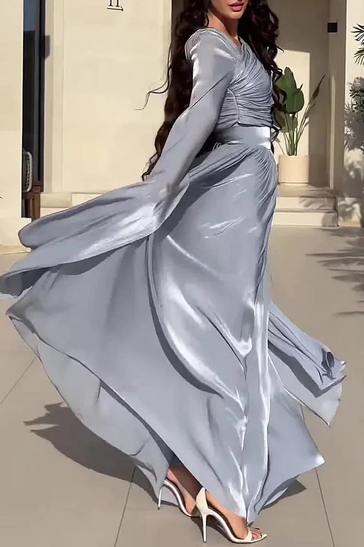 Ruched Irregular Neck Slit Long Sleeve Lace Up Cinch Waist Party Maxi Dresses