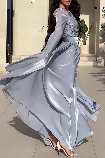 Ruched Irregular Neck Slit Long Sleeve Lace Up Cinch Waist Party Maxi Dresses