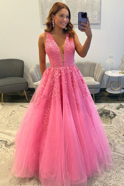 Charming A Line V Neck Pink Tulle Prom Dress with Appliques