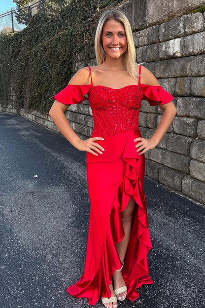 Bateau-Neck Satin Pleated Long Party Gowns Off-Shoulder Sequined Applique Mermaid Prom Dress