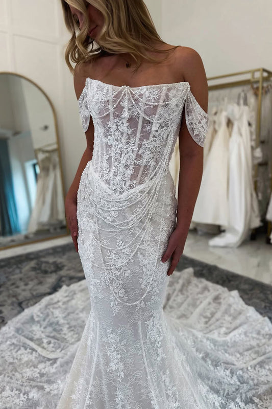 Bohemian Mermaid Scoop Neck Lace Beach Wedding Dress