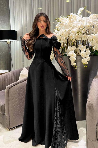 Off the Shoulder Long Sleeves Long Prom Dress With Appliques