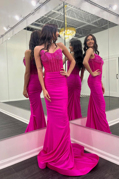 Mermaid Strapless Silver Satin Long Prom Dresses with Slit