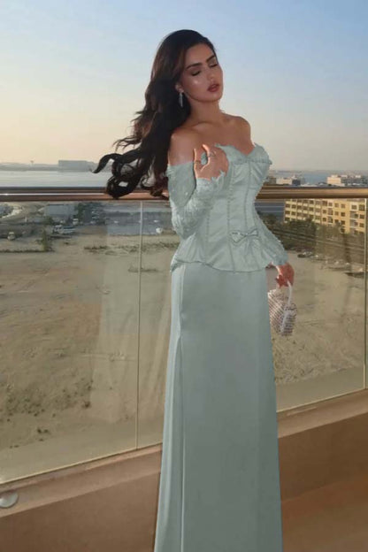 Sweetheart Strapless Long Sleeves Long Prom Dress With Bow And Beadings