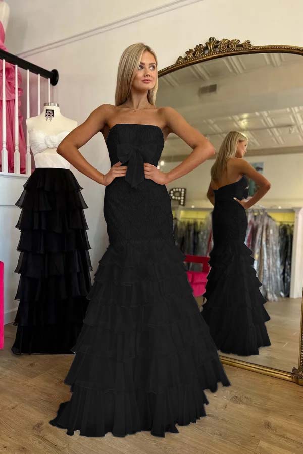 Stunning Strapless Prom Dress Mermaid Ruffles Beading with Bow