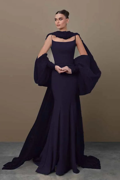 Chic Sky Blue Spaghetti-Straps Mermaid Prom Dress With Tulle Appliques Train