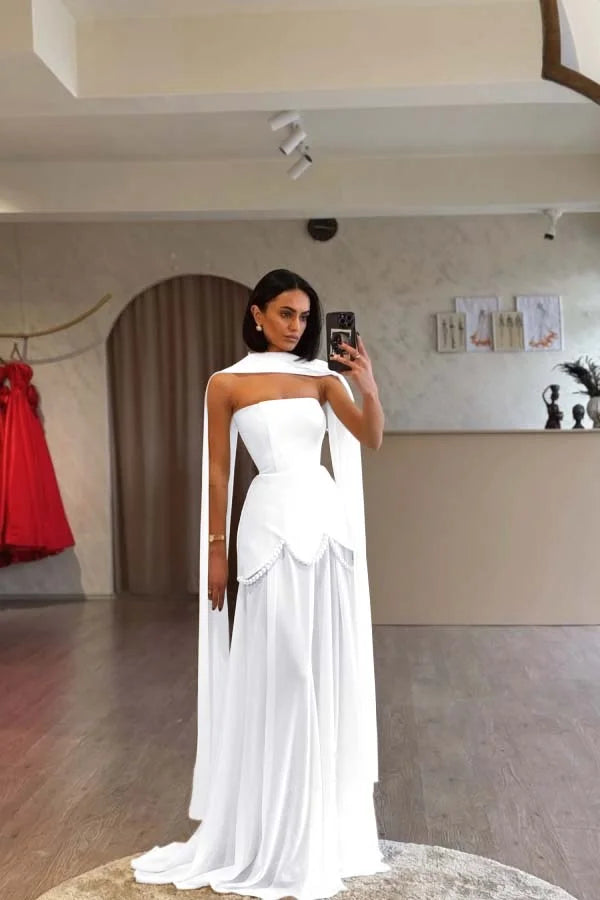 Ivory Strapless Pearls Spliced Prom Dress ZT0685