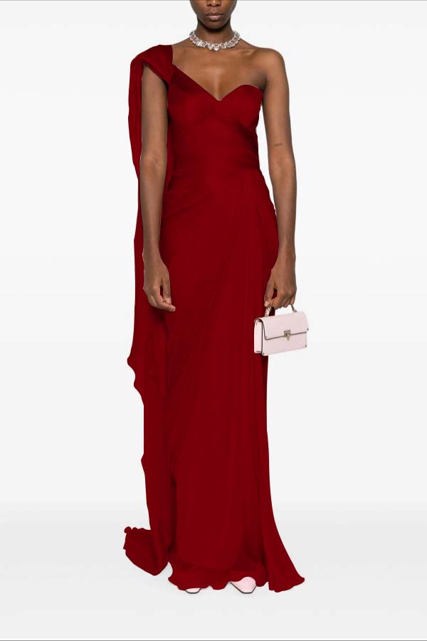 Asymmetric Neck One Shoulder Sleeveless Long Pleated Mermaid Prom Dress With Ruffles