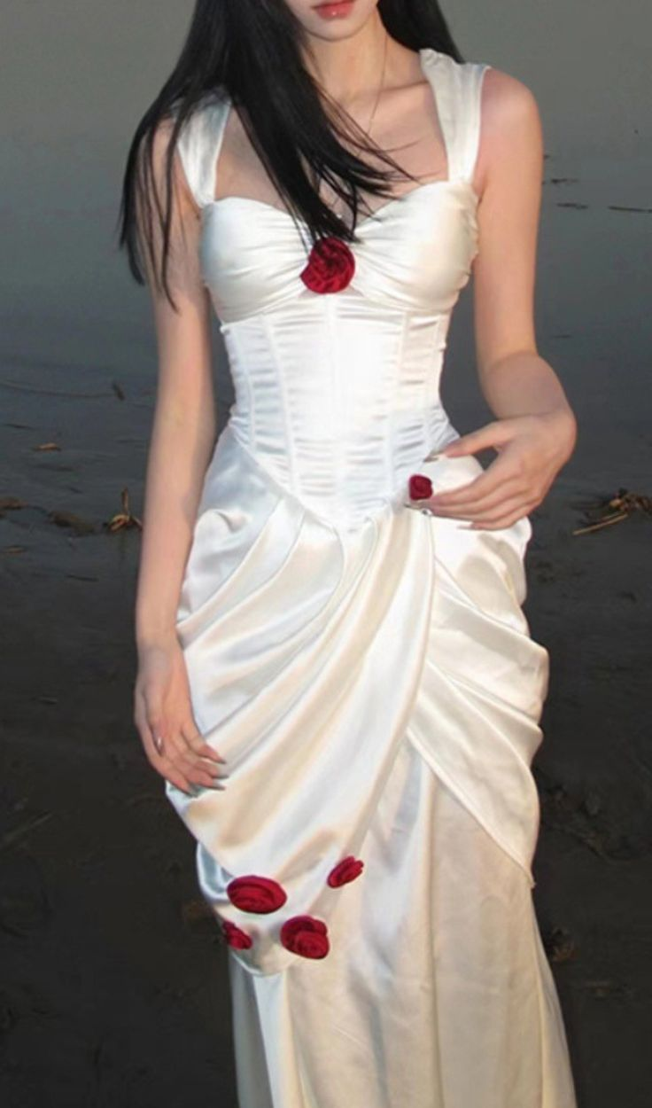 Elegant White Satin Flowers Evening Dress Long Prom Dress