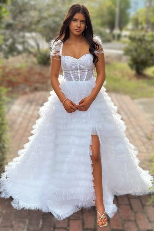 A-Line Sweetheart White Ruffle Tiered Tulle Long Prom Dress