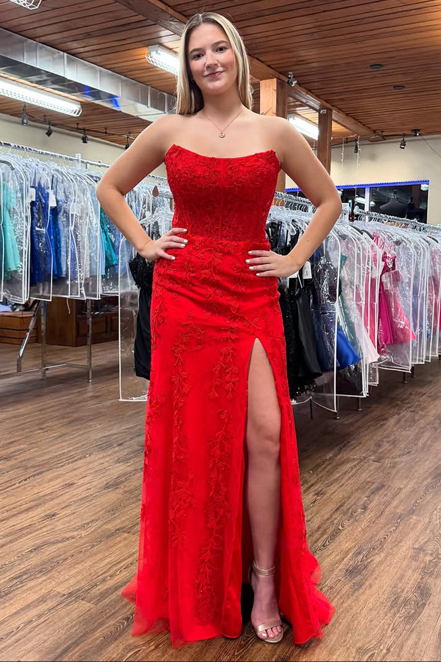 Cute Mermaid Strapless Red Lace Prom Dress with Appliques
