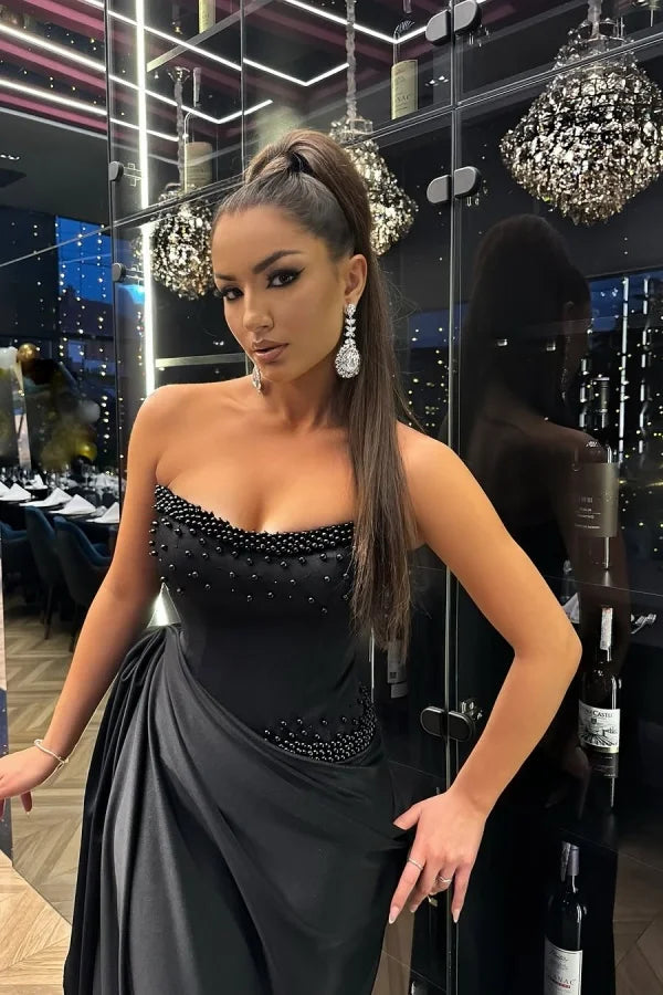 Black Pearls Beaded Strapless Prom Dress