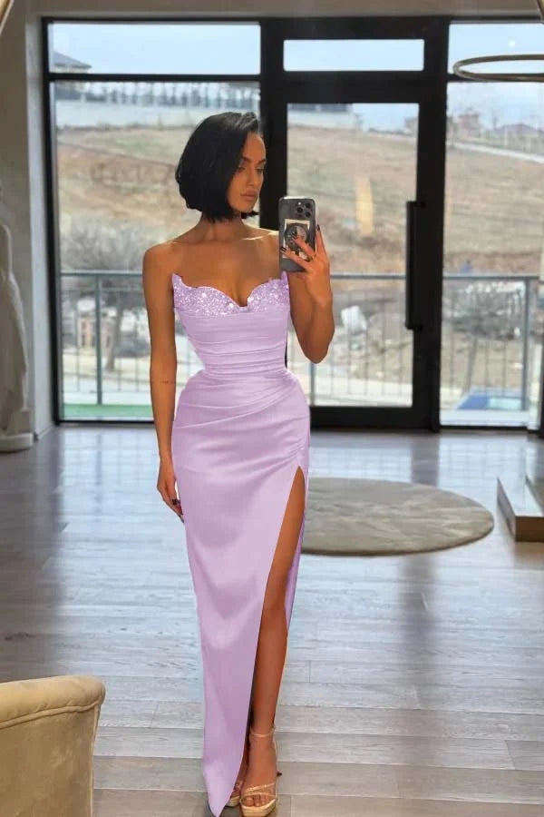 Red Split Sequins Strapless Prom Dress With Puff Sleeves