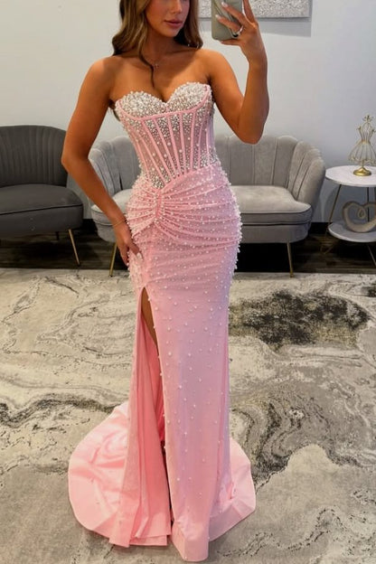 Mermaid Sweetheart Corset Pink Pearls Beaded Long Prom Dress