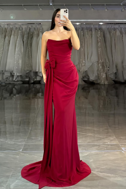 Burgundy Long Strapless Mermaid Bow Prom Dress