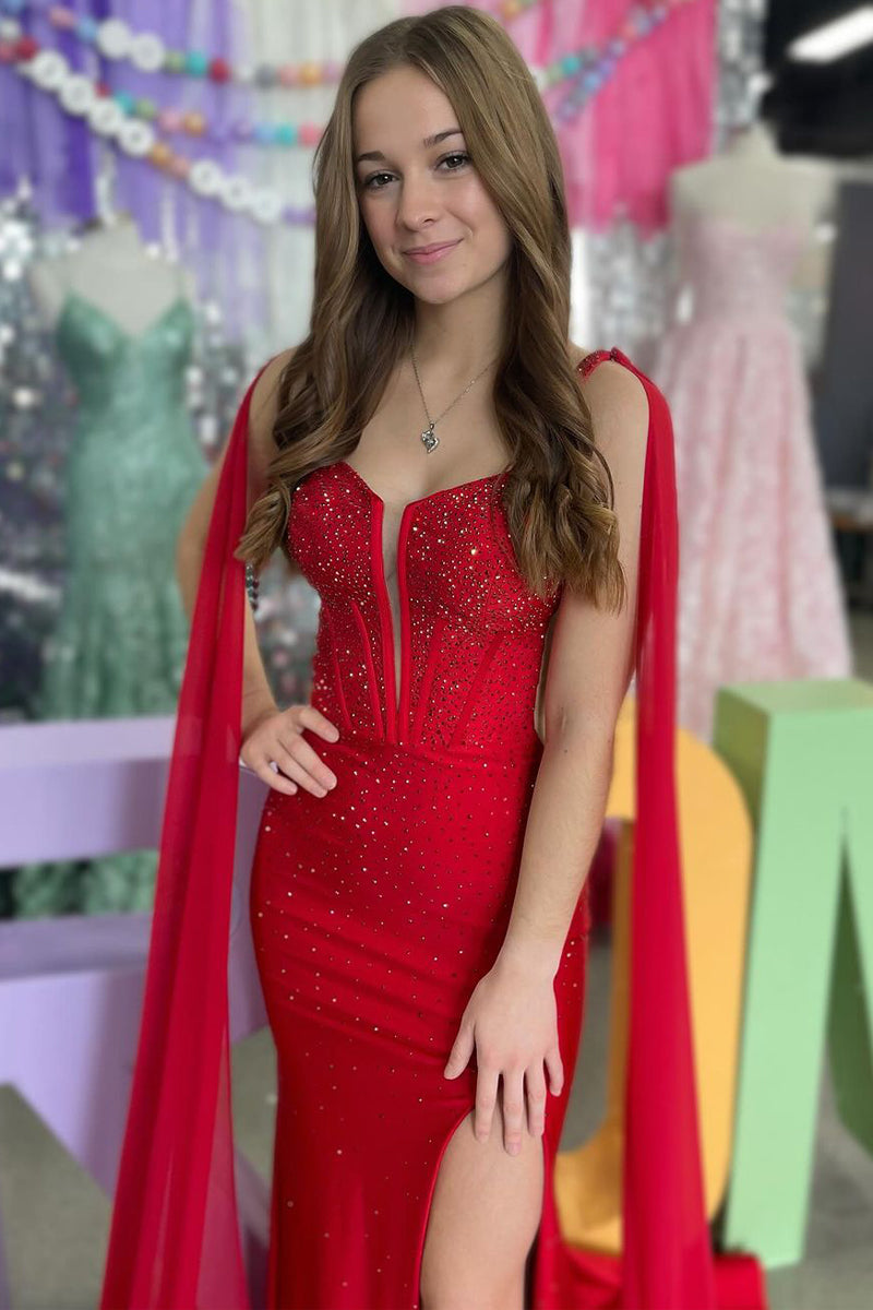 Charming Mermaid V Neck Red Satin Beading Prom Dress