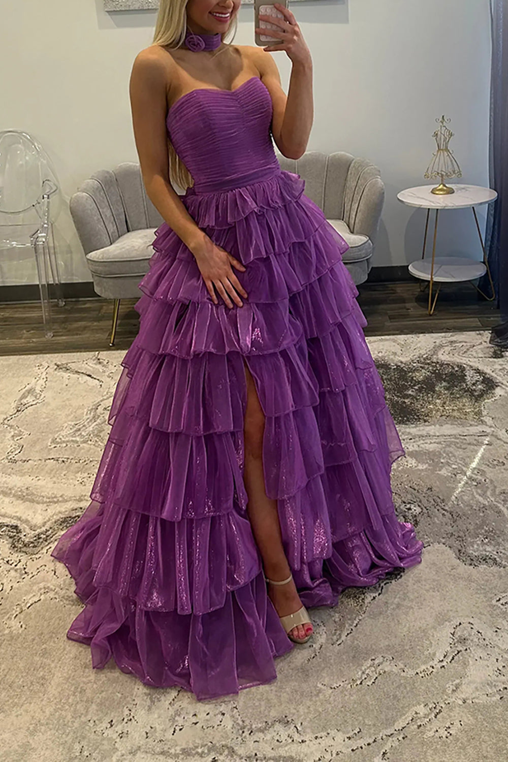 Gilitter Ball Gown Strapless Purple Organza Ruffle Tiered Prom Dress