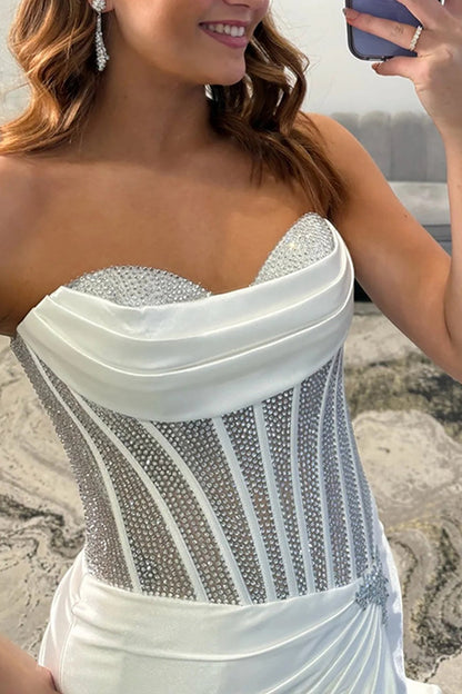 Mermaid Strapless Gold Satin Beaded Long Prom Dress