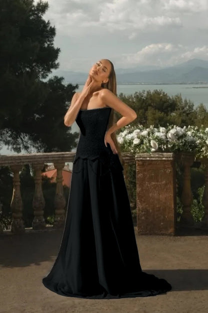 Chiffon Strapless Sleeveless Long A-Line Prom Dress With Beadings And Pearls