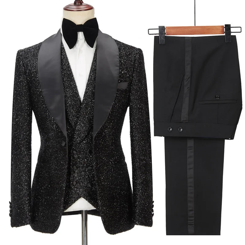 Popular Black 3 Pieces With Sparkly  Shawl Lapel Groomsmen Tuxedos