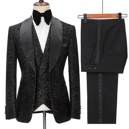 Popular Black 3 Pieces With Sparkly  Shawl Lapel Groomsmen Tuxedos