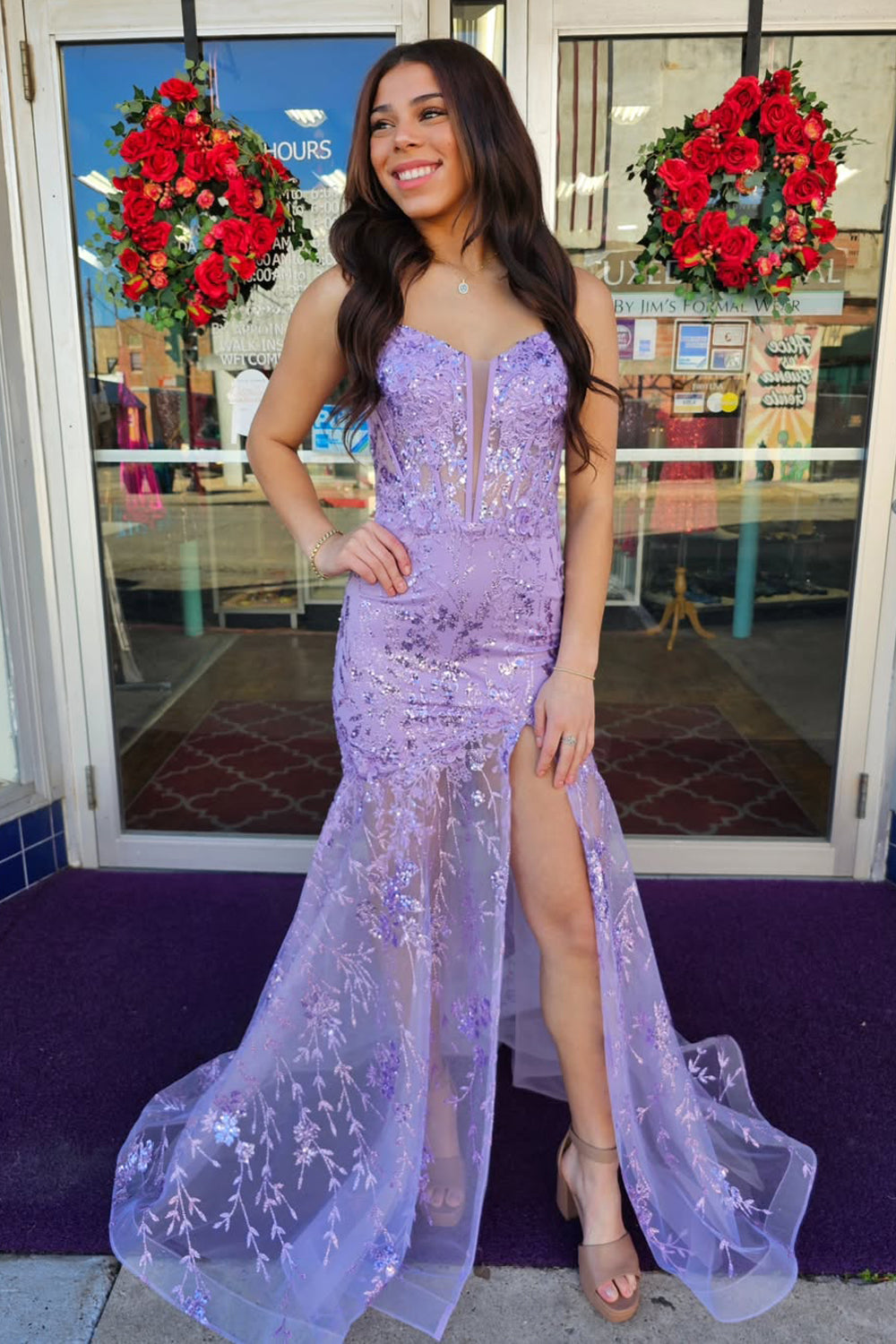 Mermaid Spaghetti Straps Lilac Sequin Lace Long Prom Dress