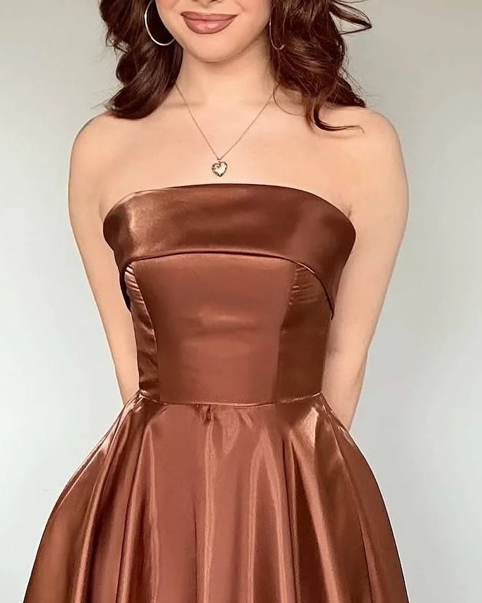Brown Strapless Lace-up Prom Dress ZT0686