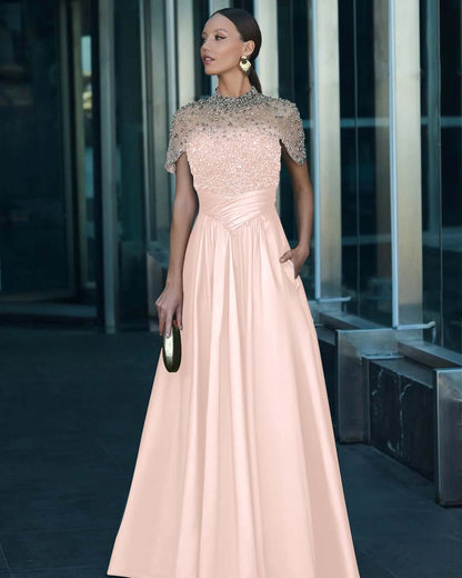 High-Neck Short Sleeves Long A-Line Pleated Prom Dress With Pockets And Beadings