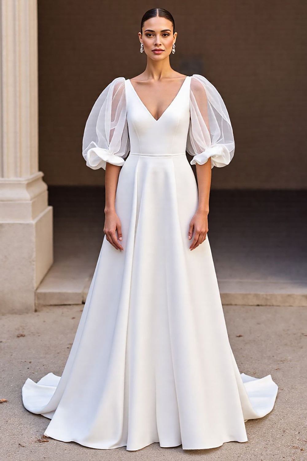 Bubble Sleeves V-Neck Satin Wedding Dress