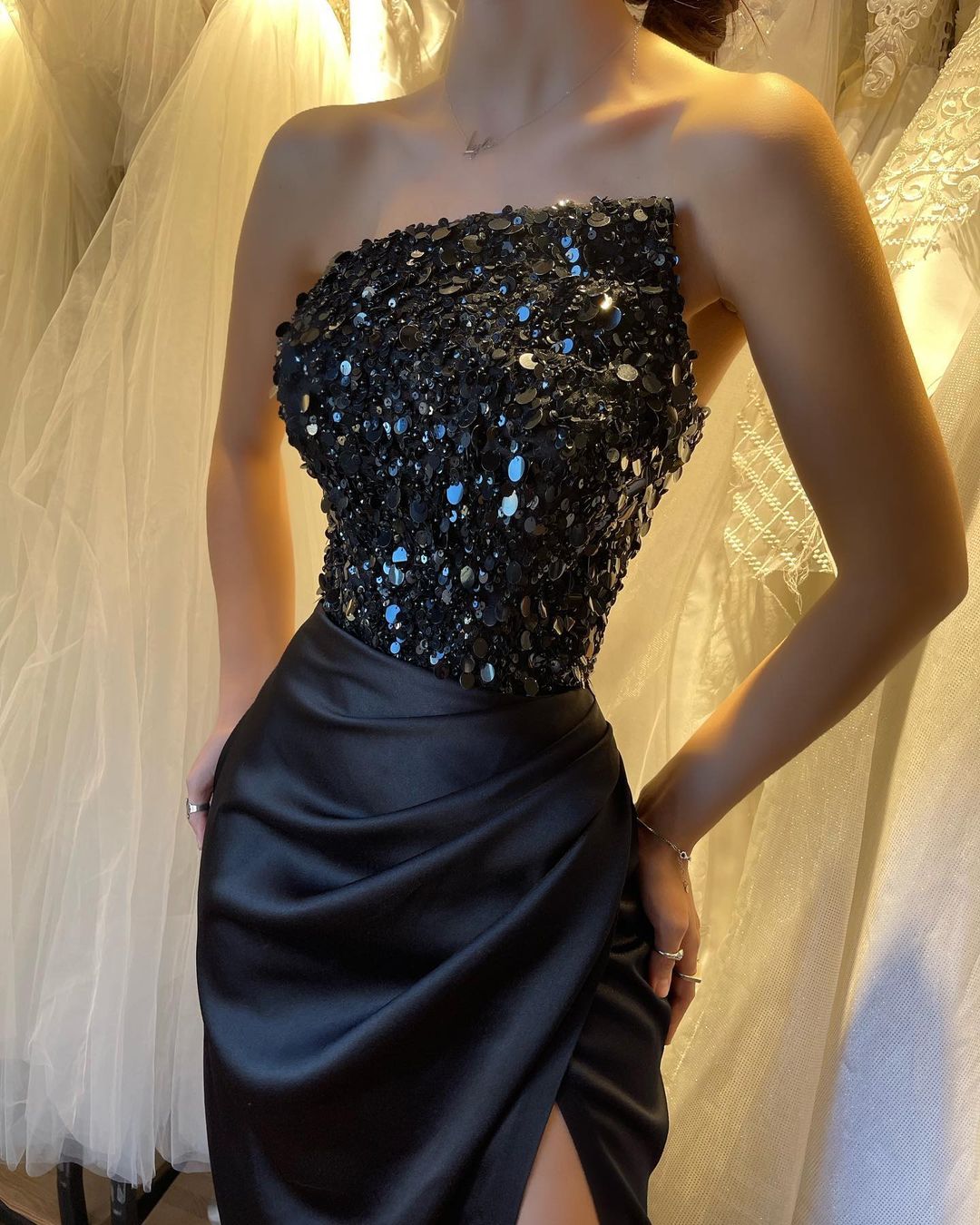 Black Strapless Prom Dress Sequins Sleeveless with High Slit