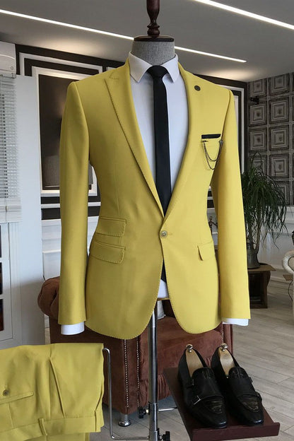 Formal Yellow 3 Flaps Groom Suit Peaked Lapel With One Button New
