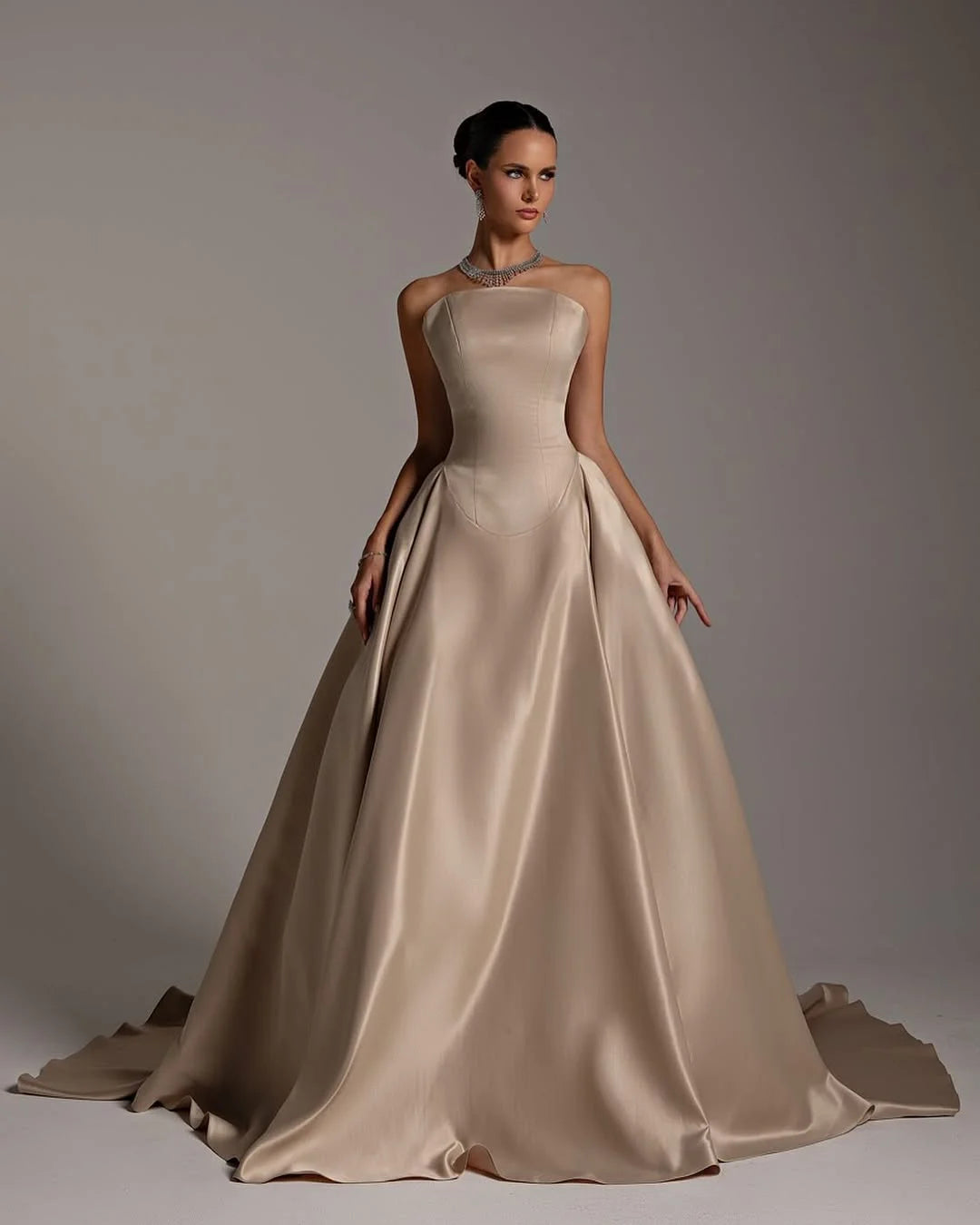 Champagne Strapless A-Line Elegant Prom Dress