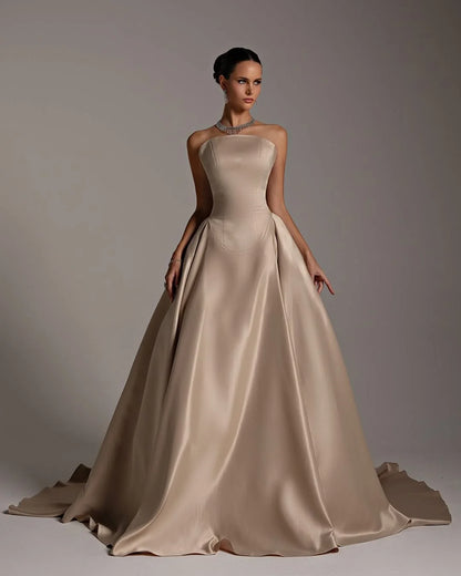 Champagne Strapless A-Line Elegant Prom Dress