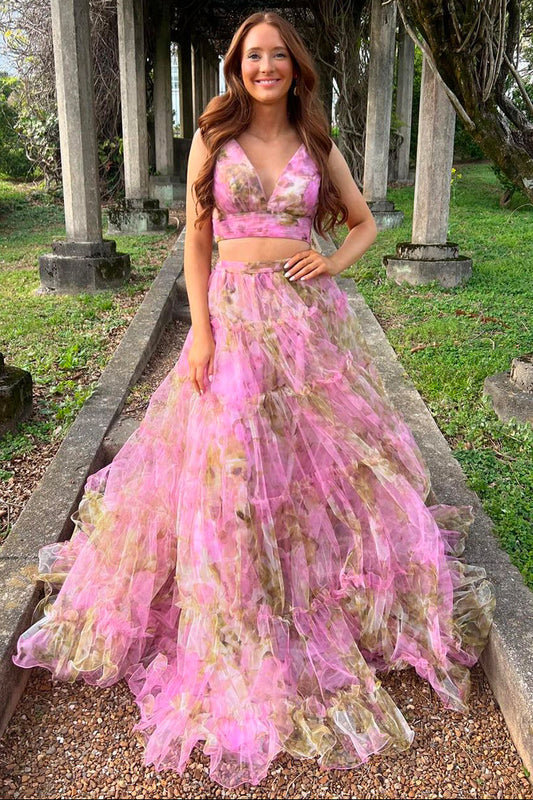 Lovely Two Piece V Neck Floral Printed Tulle Long Prom Dress