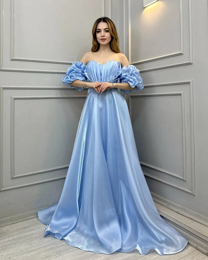 Blue Off-The-Shoulder Bright Tulle Long Prom Dress