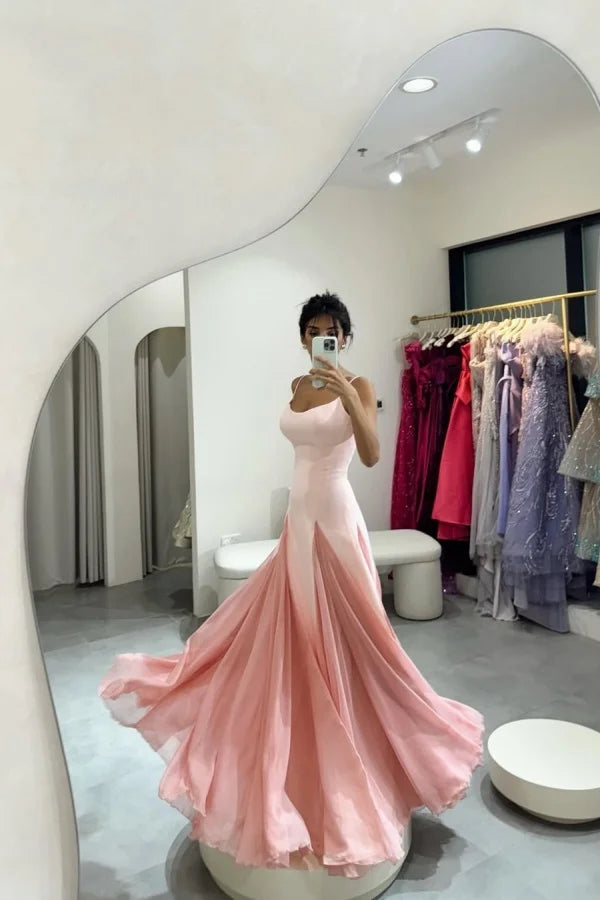 Light Yellow Spaghetti Straps Chiffon Stitching Semi-formal Summer Prom Dress