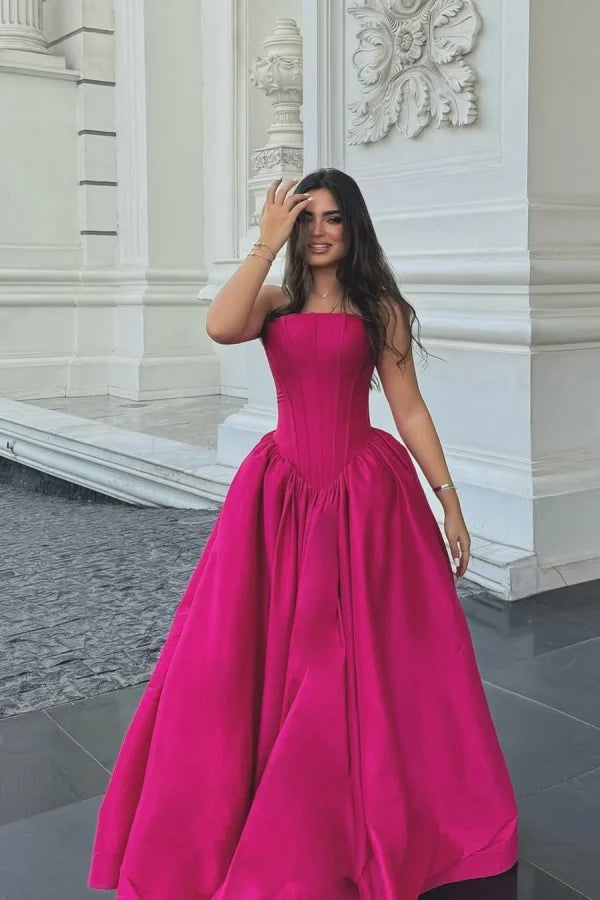 Fuchsia Strapless A-line Long Prom Dress