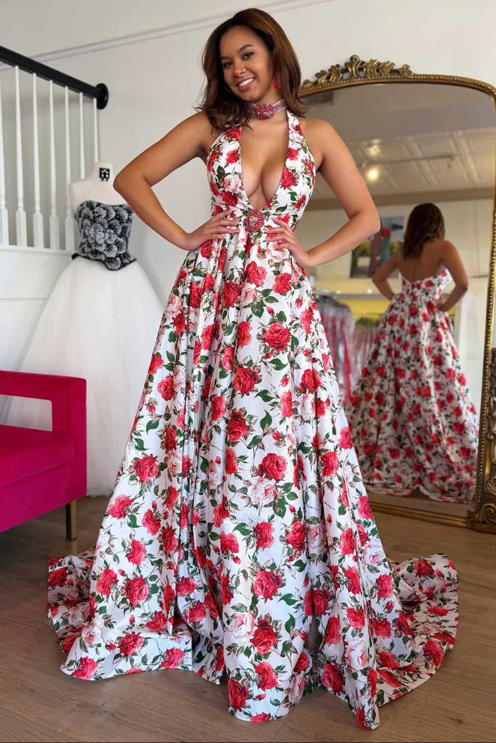 A Line Deep V Neck Floral Printed Satin Prom Dress