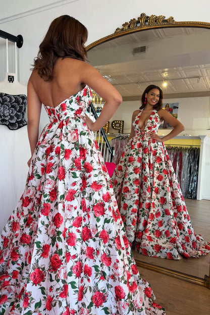 A Line Deep V Neck Floral Printed Satin Prom Dress