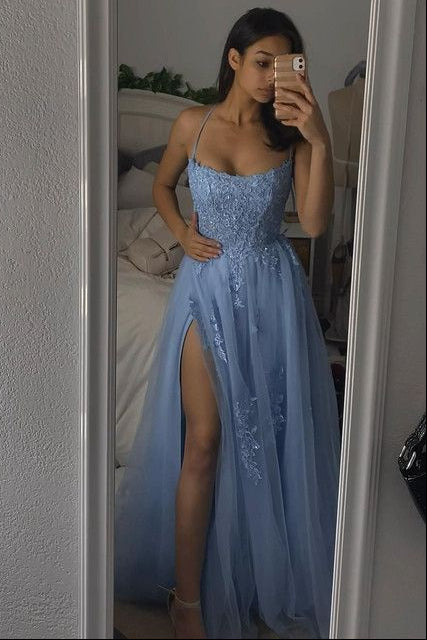 Modest A Line Halter Blue Lace Appliques Slit