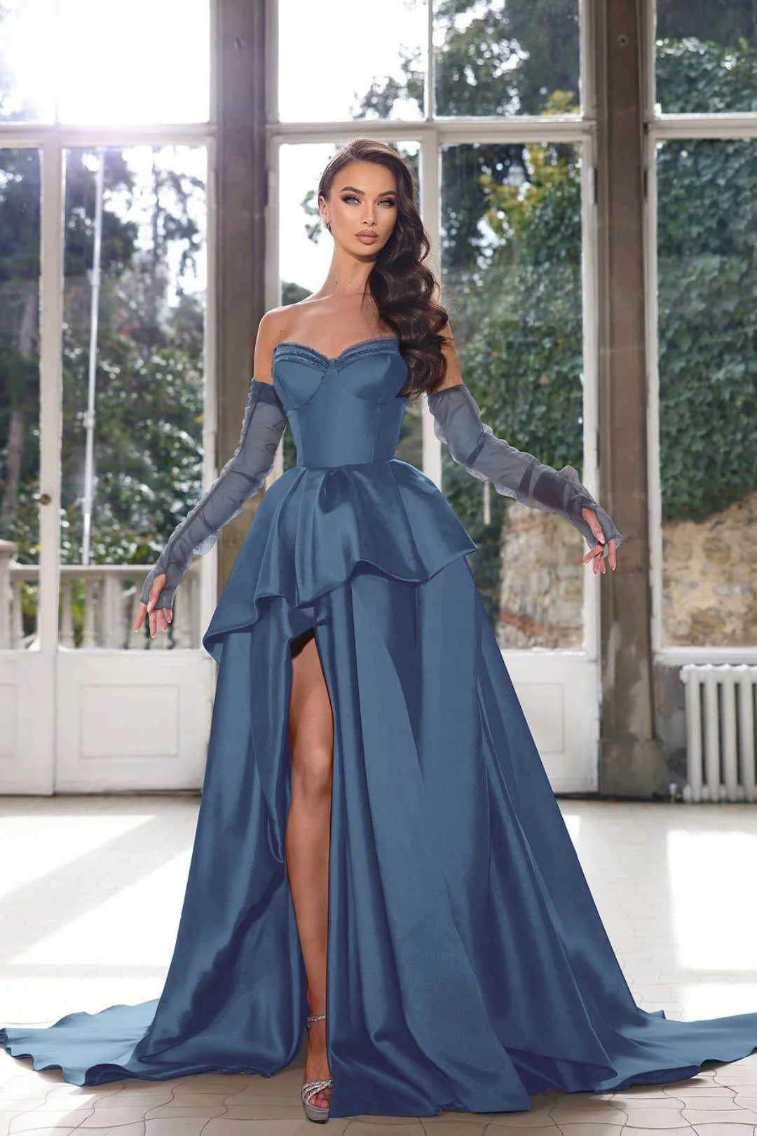 Glamorous Half Sleeves Ink Blue Prom Dress Strapless with Slit