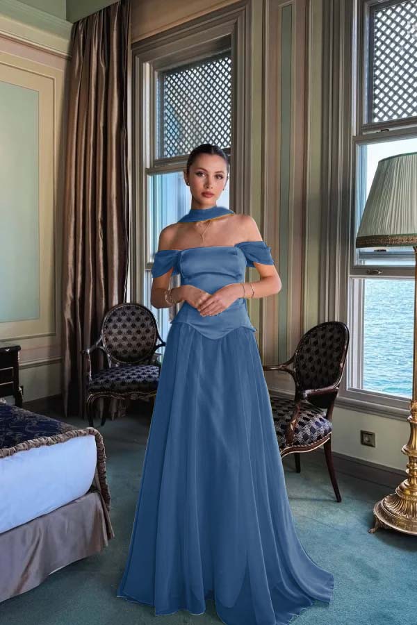 Stunning Off the Shoulder Sleeveless Long Prom Dress With Pleated